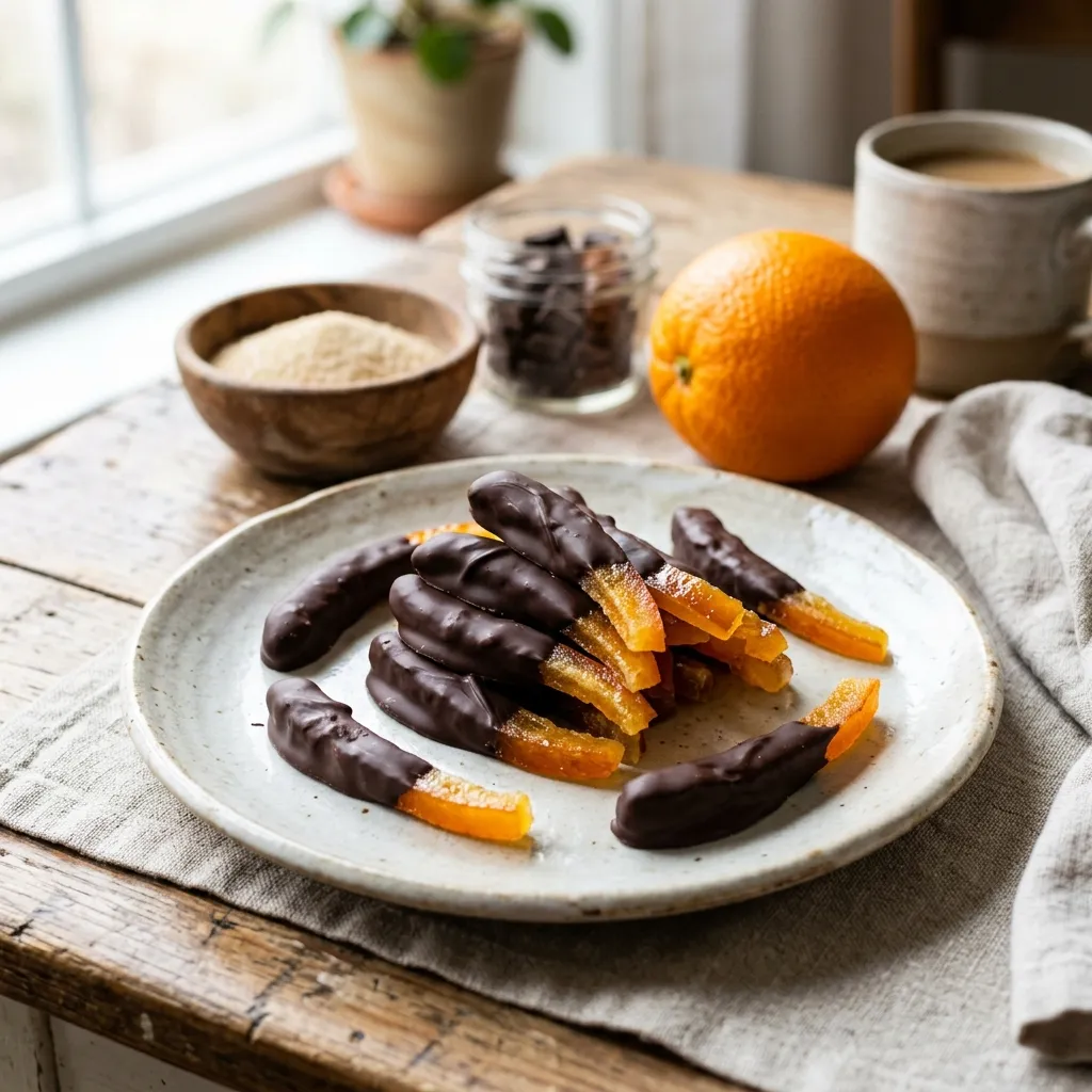 Finished Chocolate-Dipped Orangettes dish