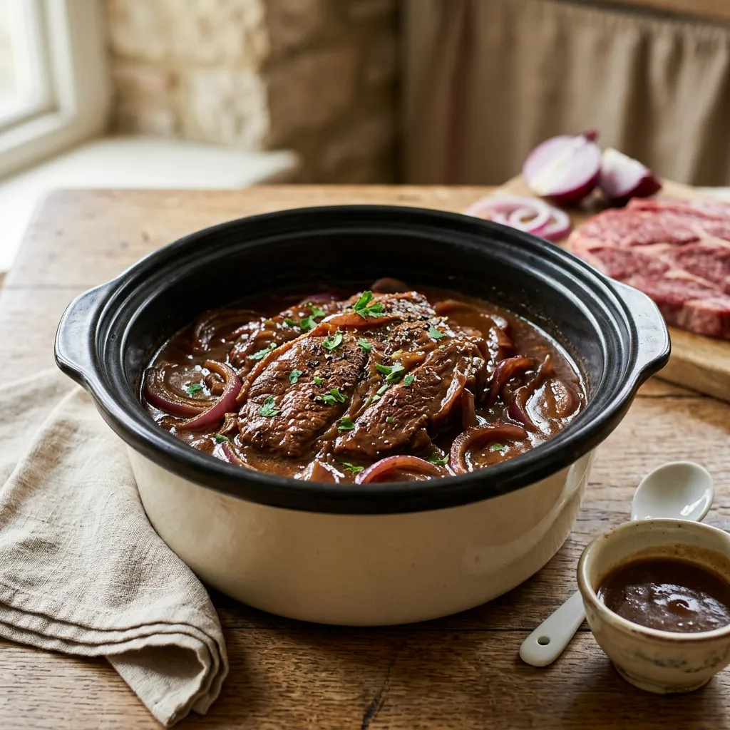 Finished Chuck Blade Steaks and Gravy in the Slow Cooker dish