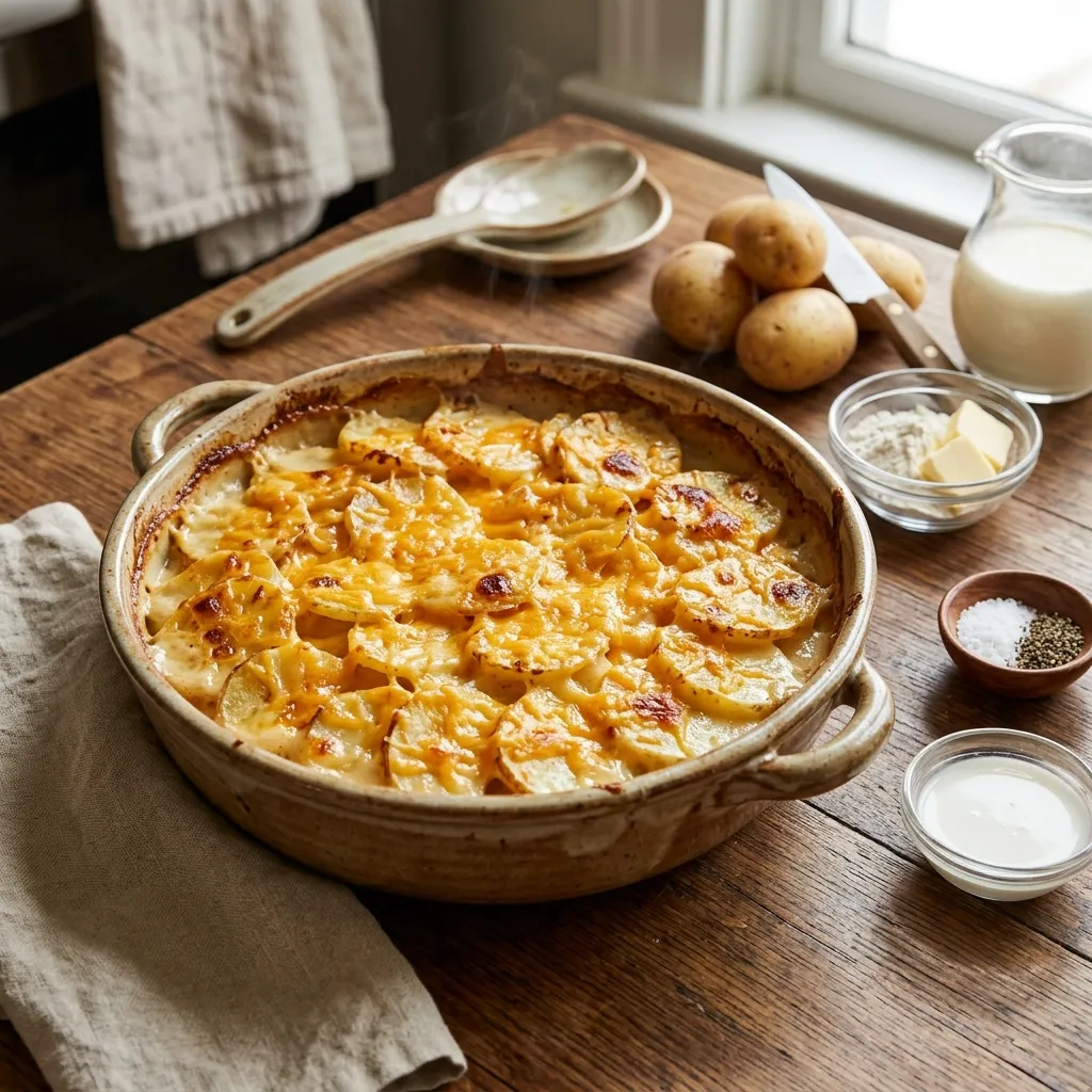 Classic Scalloped Potatoes With Cheddar Cheese Topping