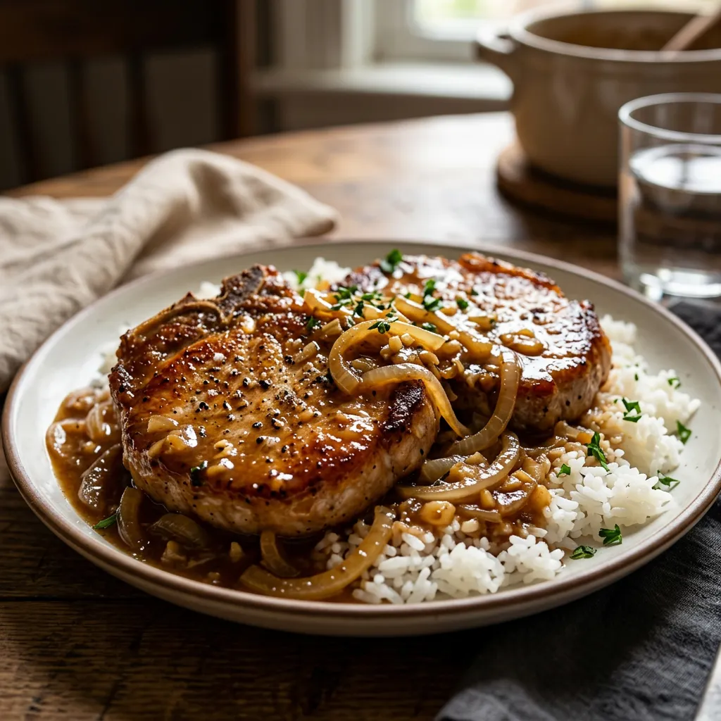Finished Classic Southern Smothered Pork Chops dish
