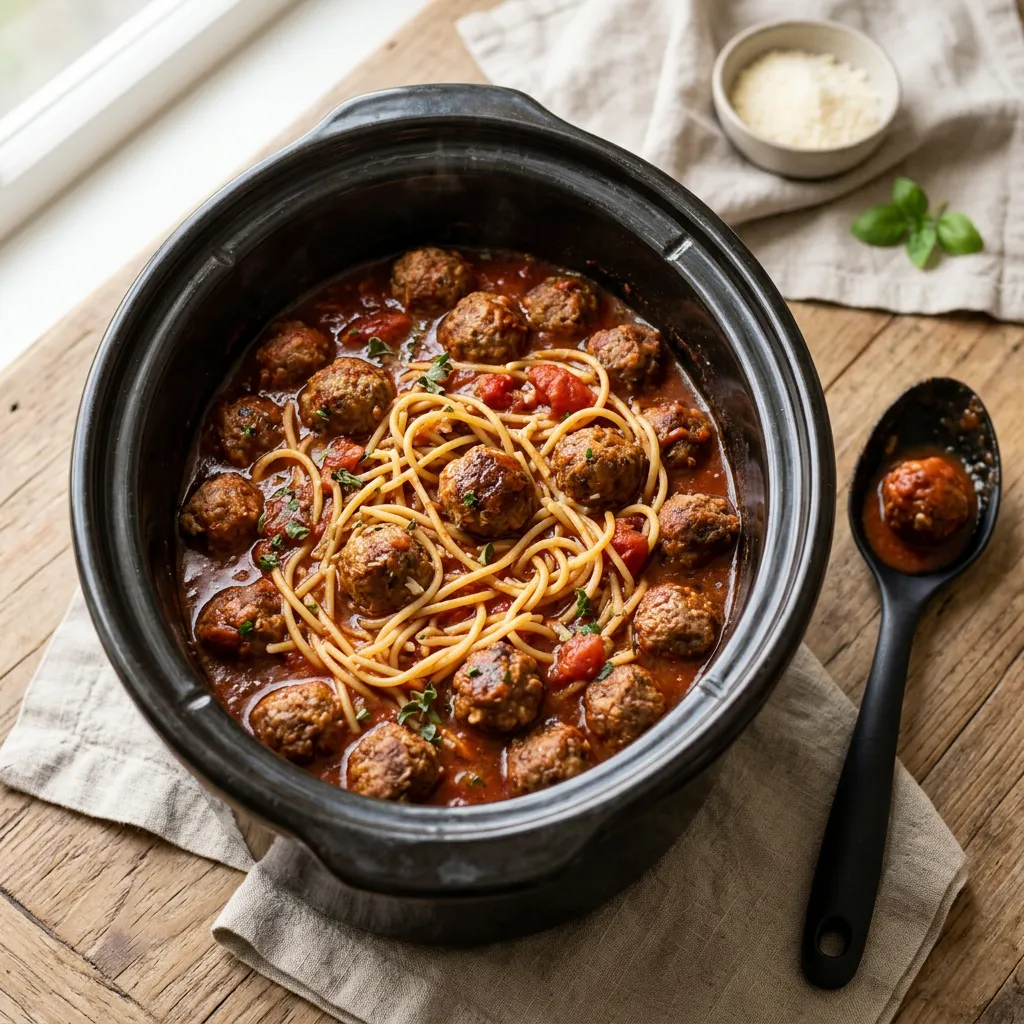 Completely Crock Pot Spaghetti and Meatballs