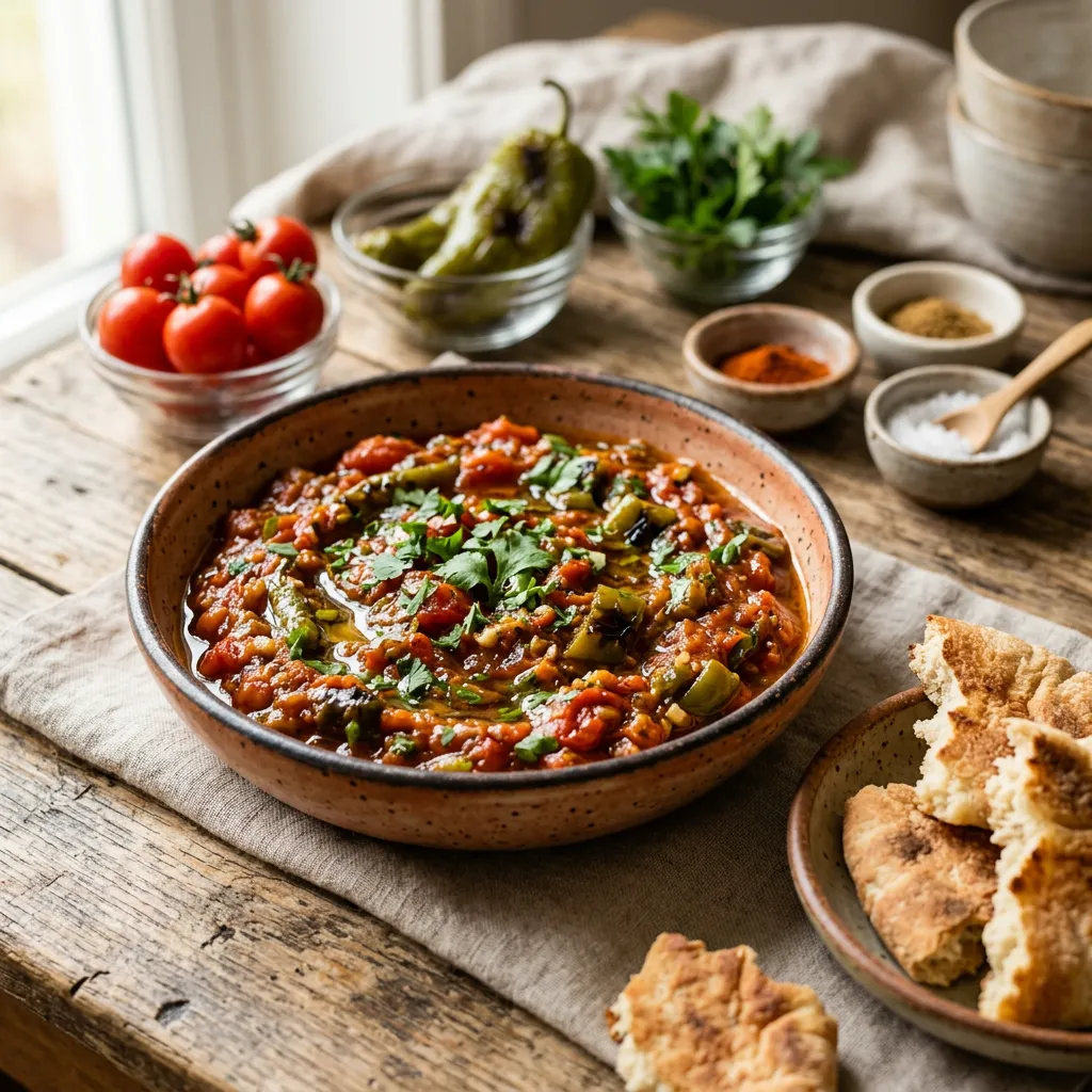 Cooked Moroccan Salad (Taktouka) of Tomato and Roasted Pepper