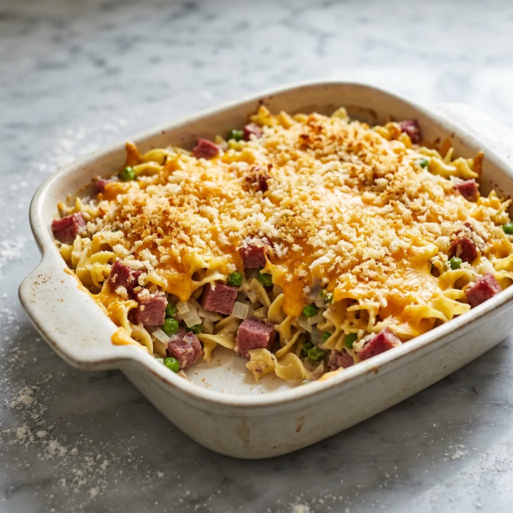Finished Corned Beef and Noodle Casserole dish