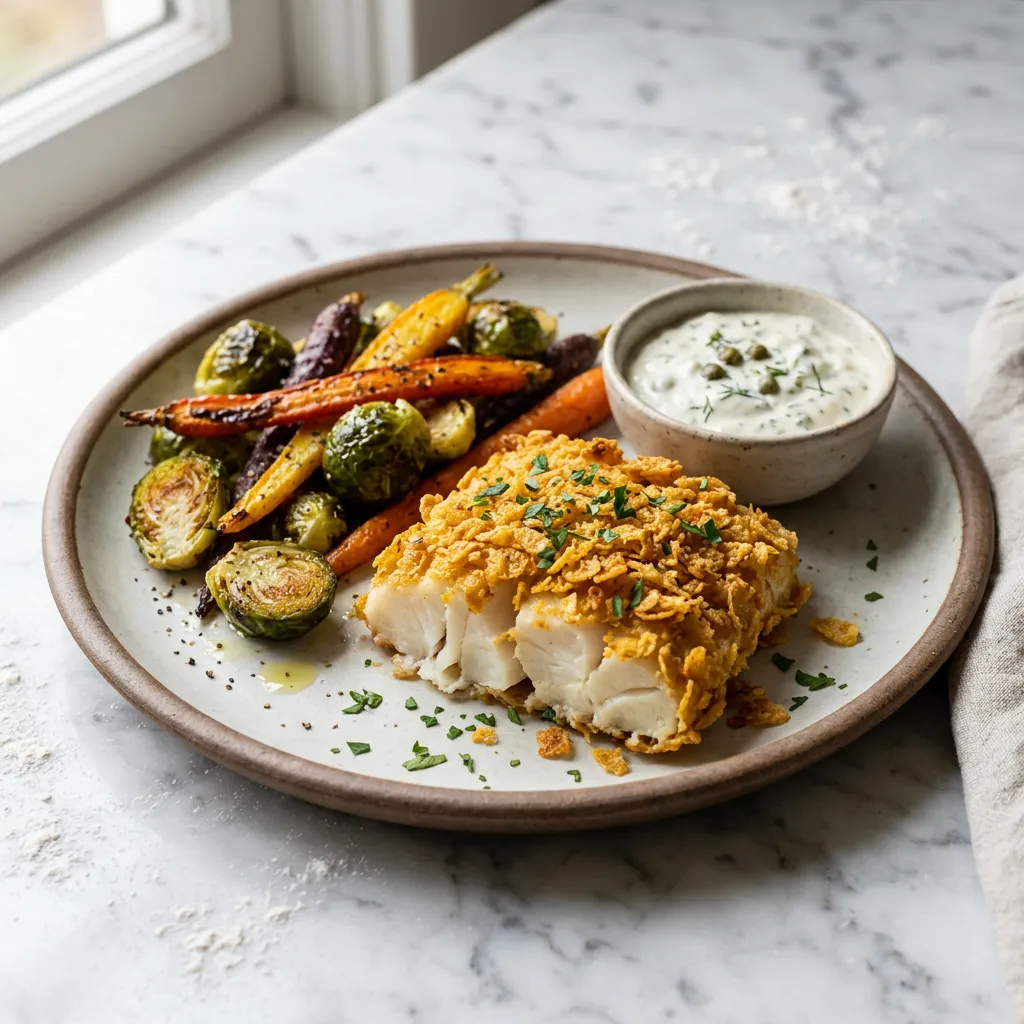 Finished Cornflake-Crusted Baked Cod Recipe dish