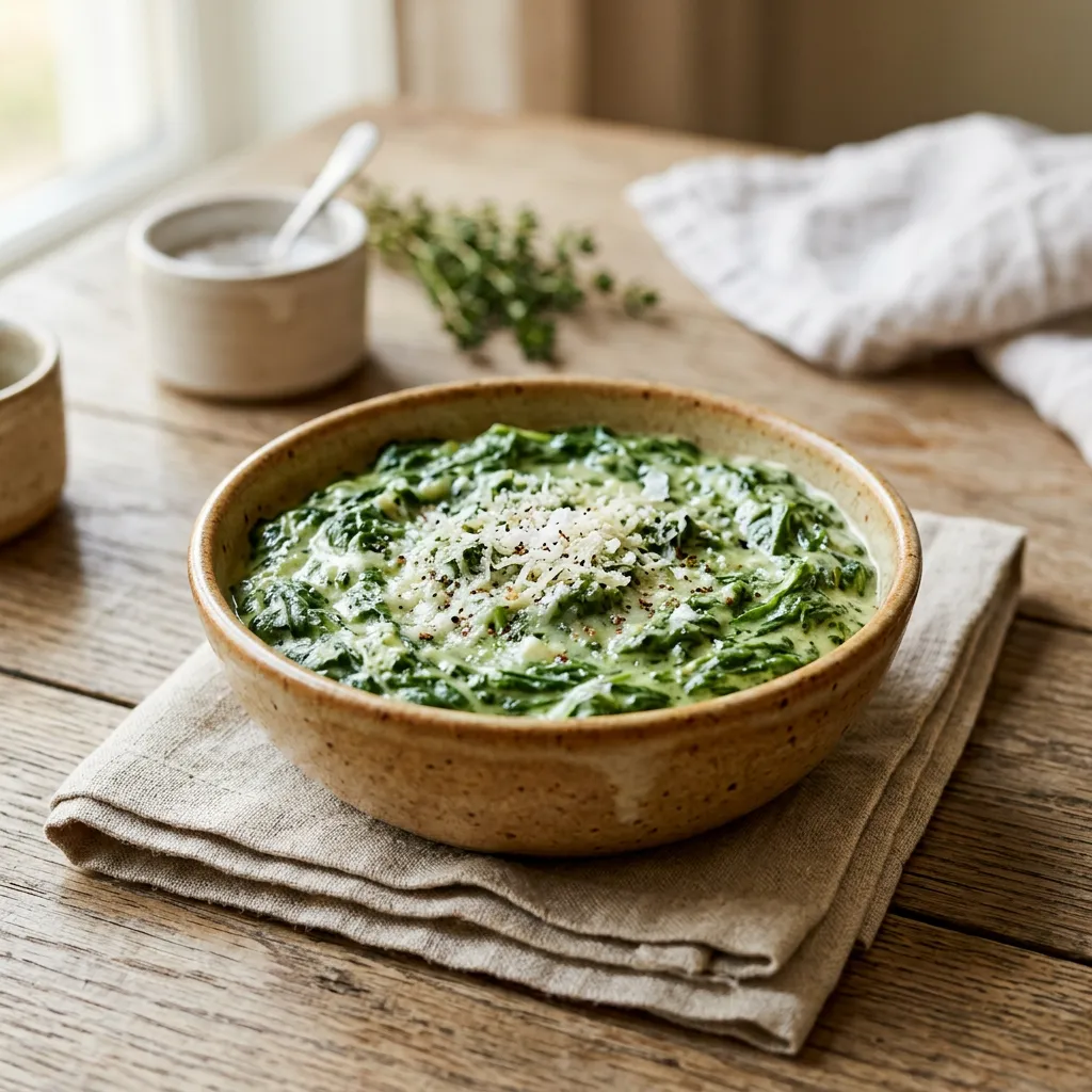 Finished Creamed Spinach With Parmesan Cheese dish