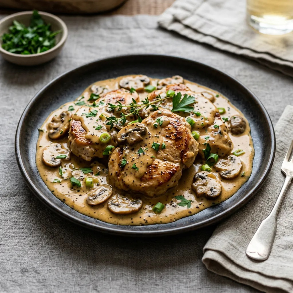 Finished Creamy Bourbon Chicken With Mushrooms Recipe dish
