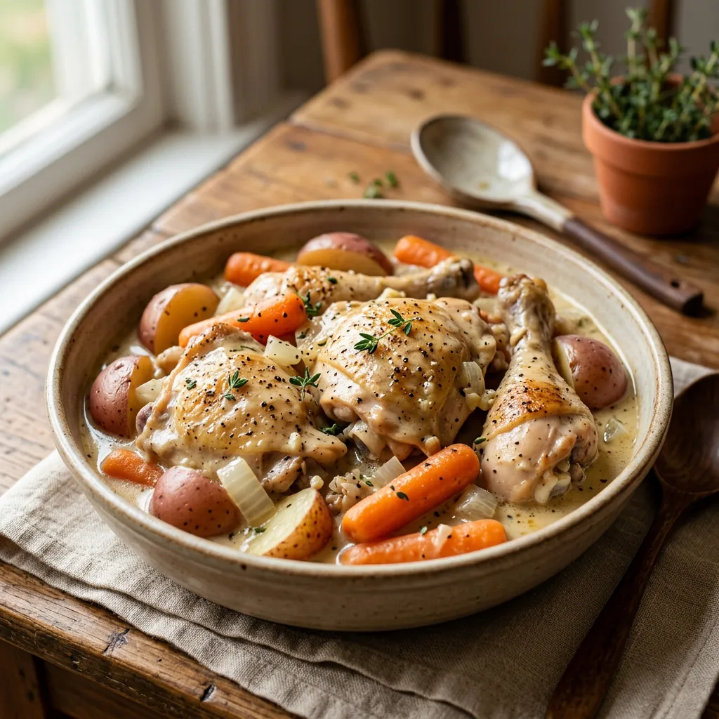 Finished Creamy Crockpot Chicken and Vegetables dish
