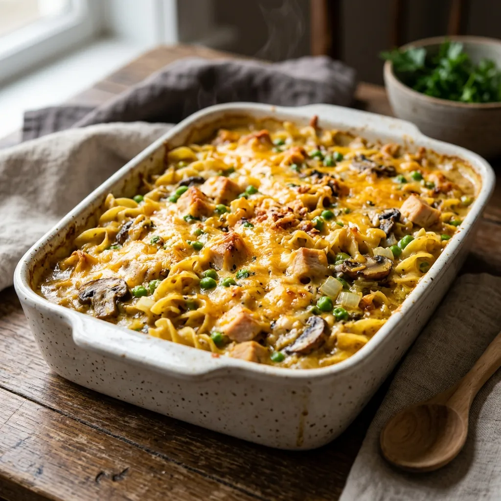 Finished Creamy Turkey Noodle Casserole dish