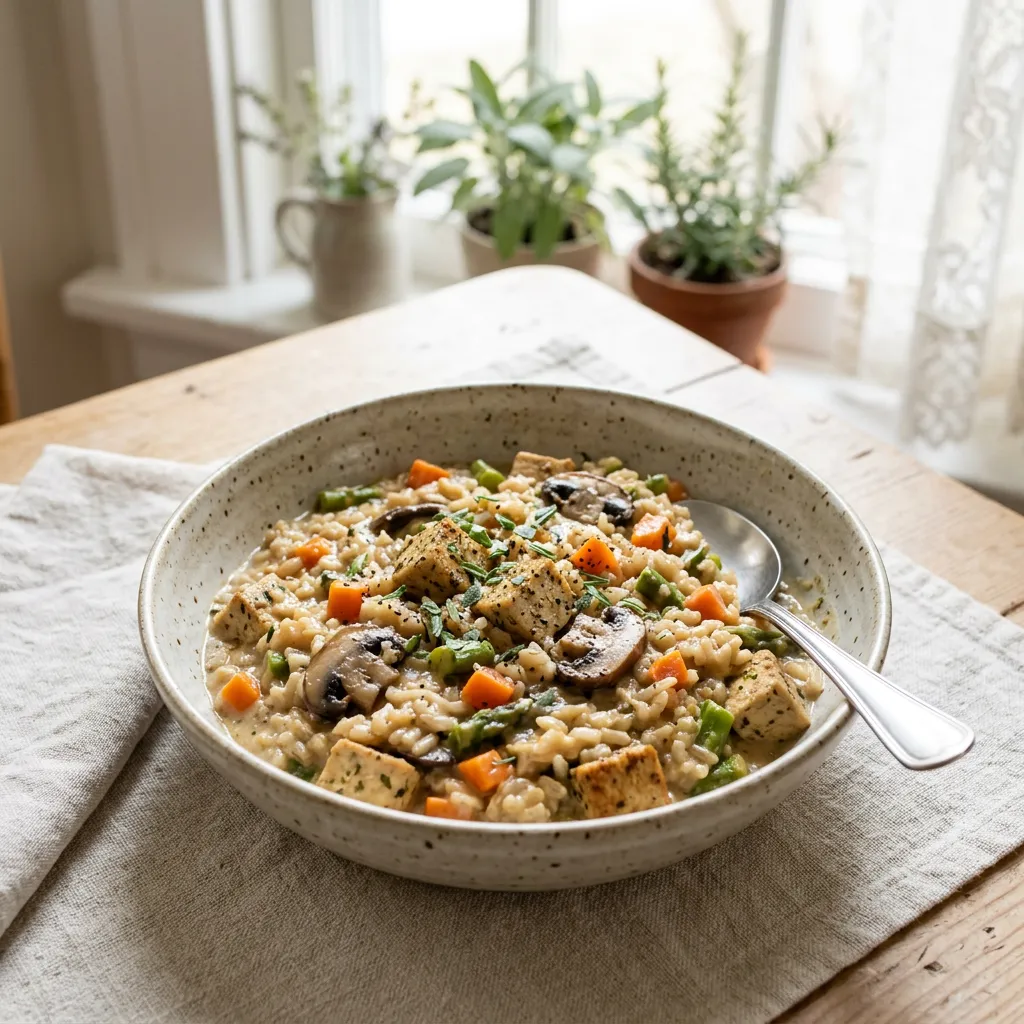 Finished Creamy Vegan Chicken and Rice dish