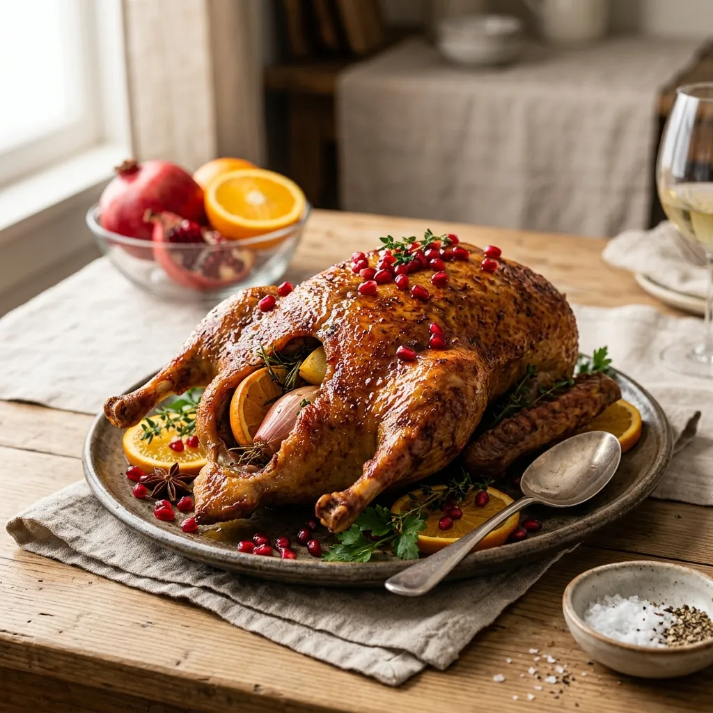 Crisp Roasted Duck With Orange, Ginger and Pomegranate Glaze