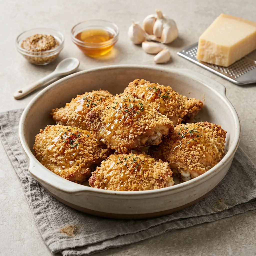 Finished Crispy Baked Chicken Thighs With Panko and Parmesan Coating dish