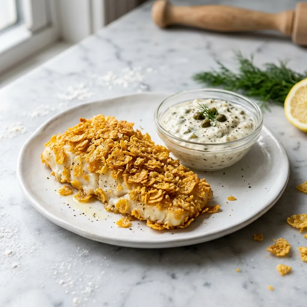 Crispy Corn Flake Baked Fish and Homemade Tartar Sauce