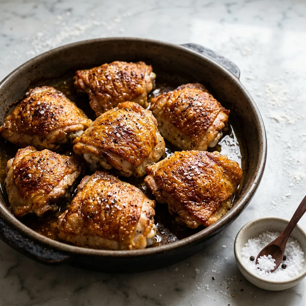 Finished Crispy Skin Chicken Thighs Recipe dish