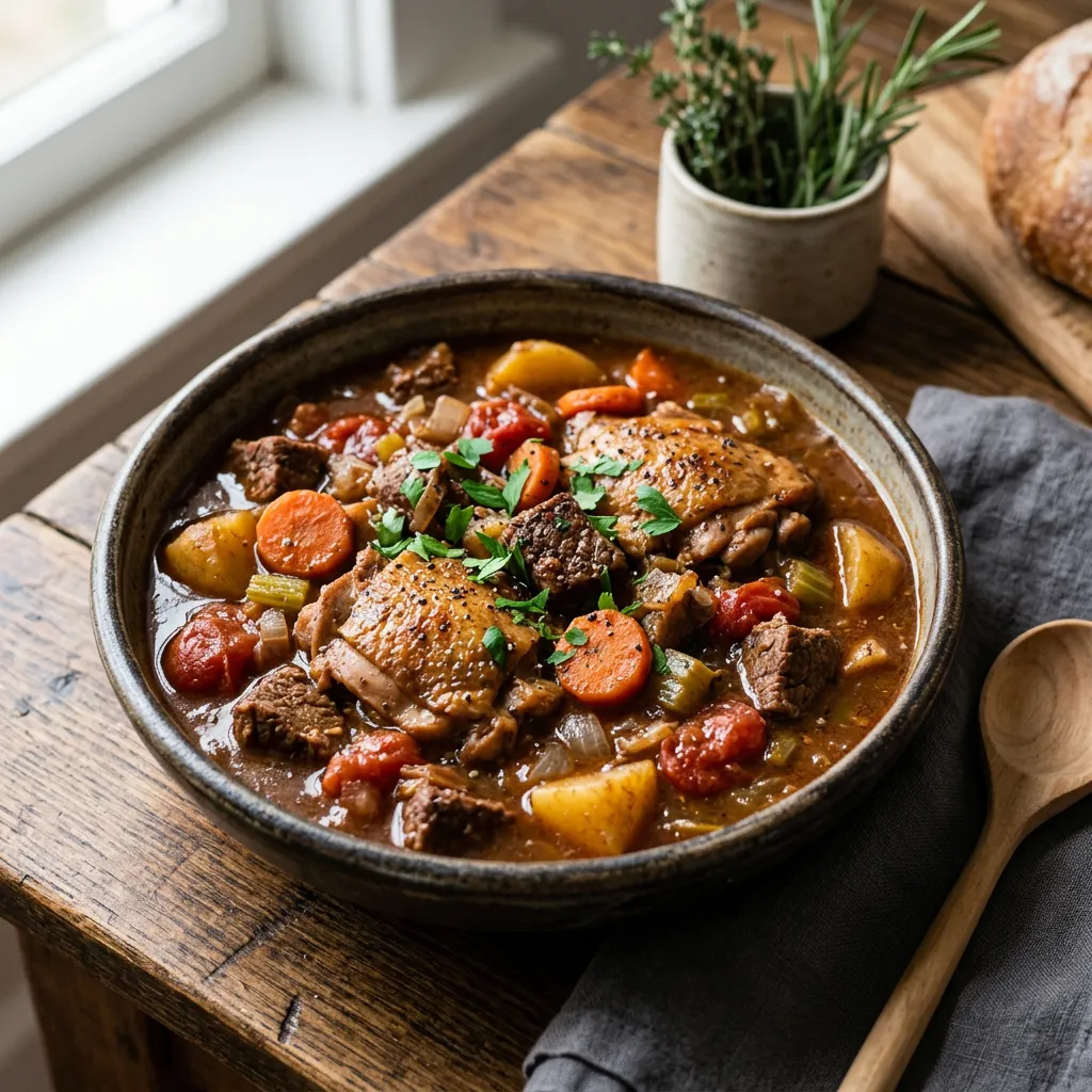 Finished Crock Pot Beef and Chicken Stew dish