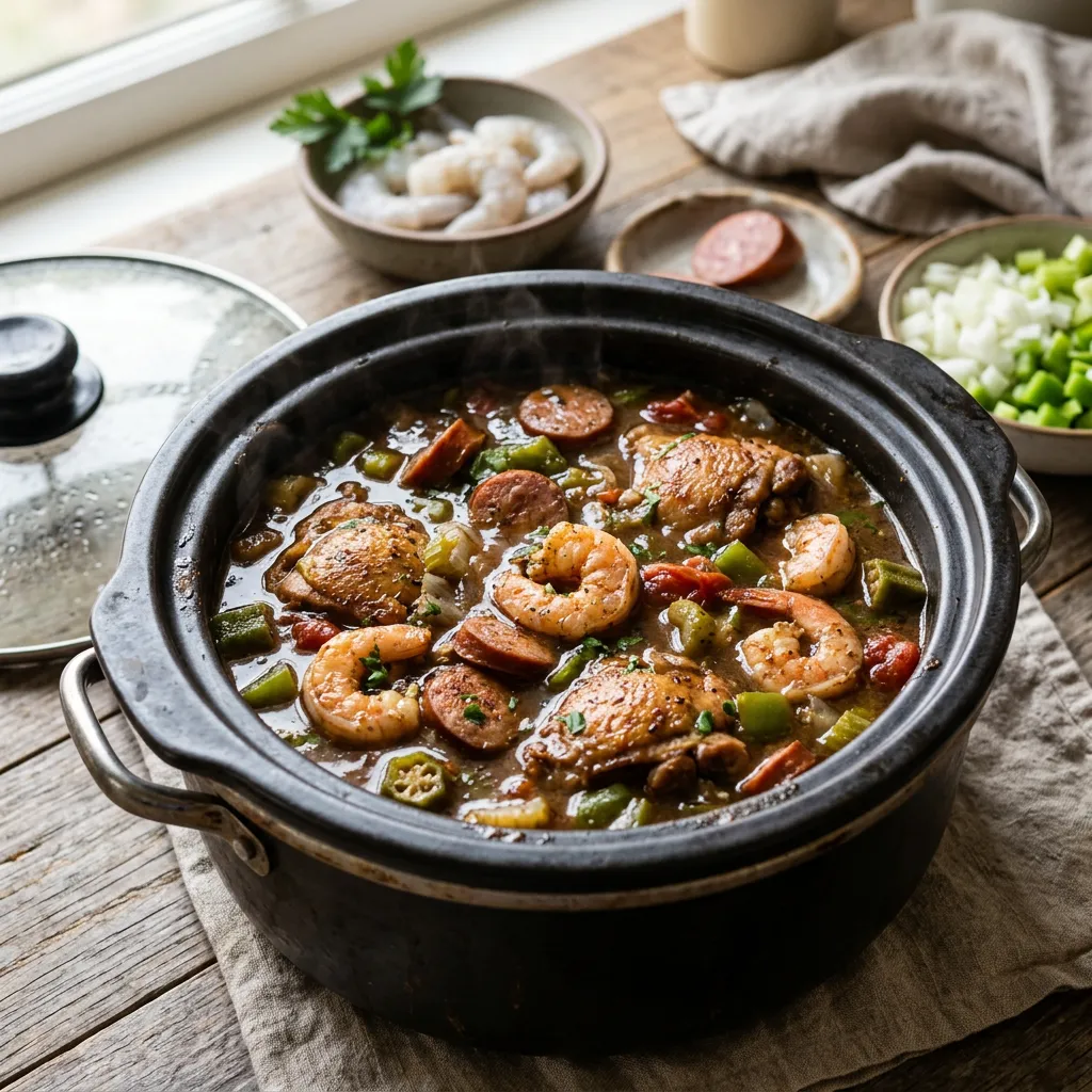 Crock Pot Chicken, Sausage, and Shrimp Gumbo