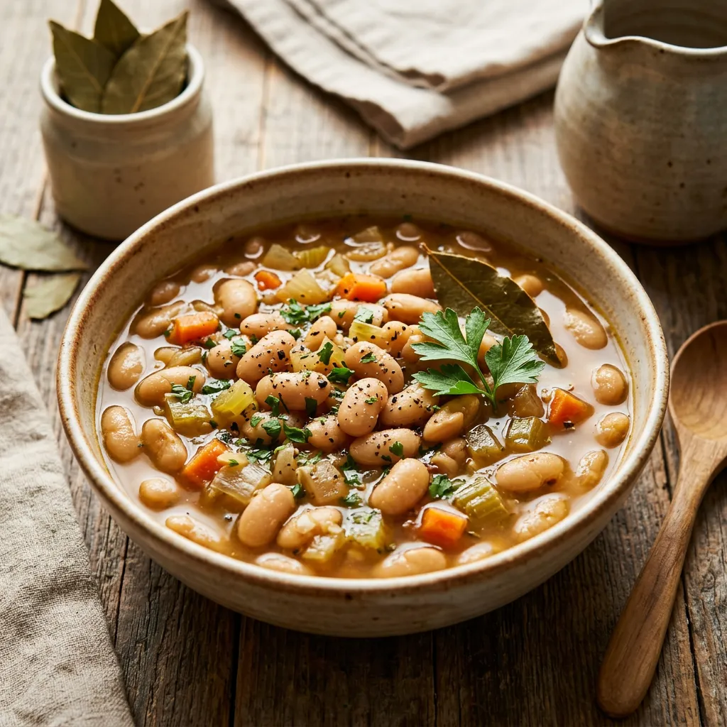 Finished Crock Pot Great Northern Beans dish