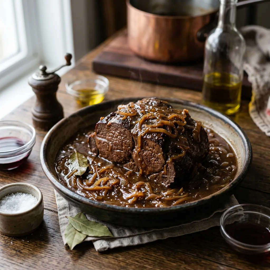 Finished Crock Pot Moose Roast With French Onion Gravy dish