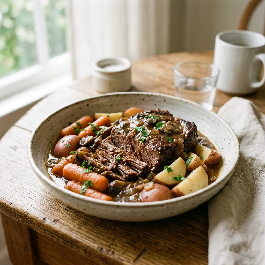 Finished Crock Pot Onion Soup Beef Pot Roast dish
