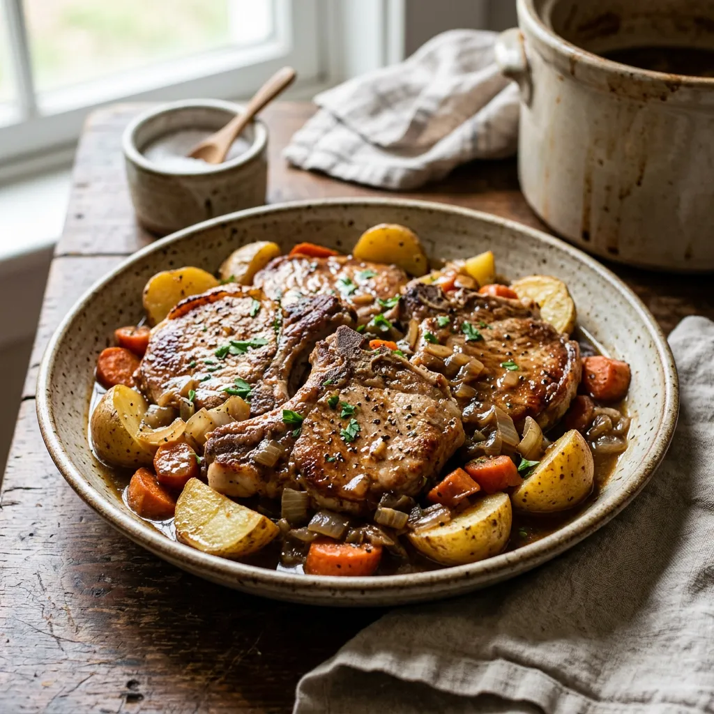 Finished Crock Pot Pork Chops With Onion Soup Mix dish