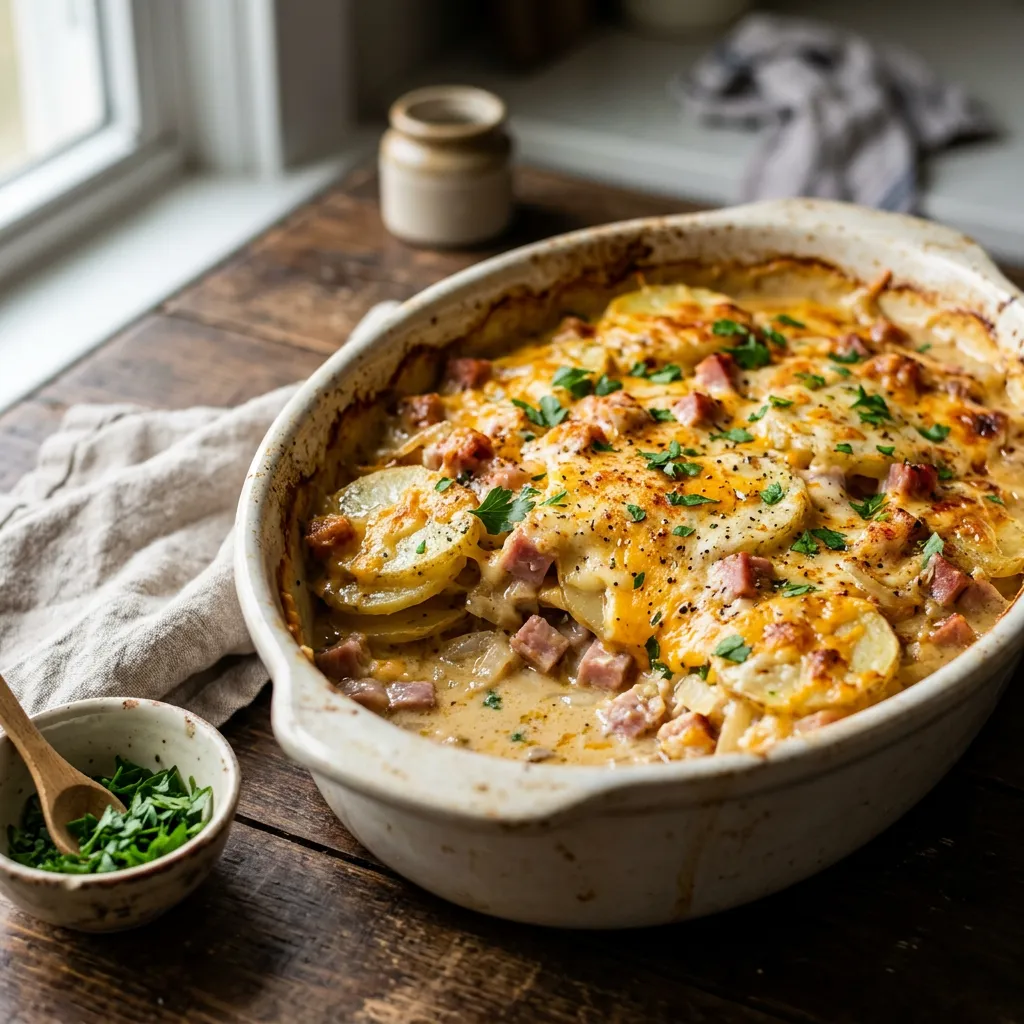 Finished Crock Pot Potato and Ham Casserole With Cheese dish