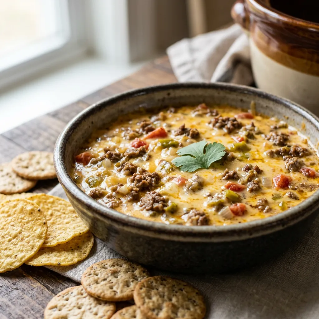 Crock Pot Ro-Tel Dip With Ground Beef and Cheese
