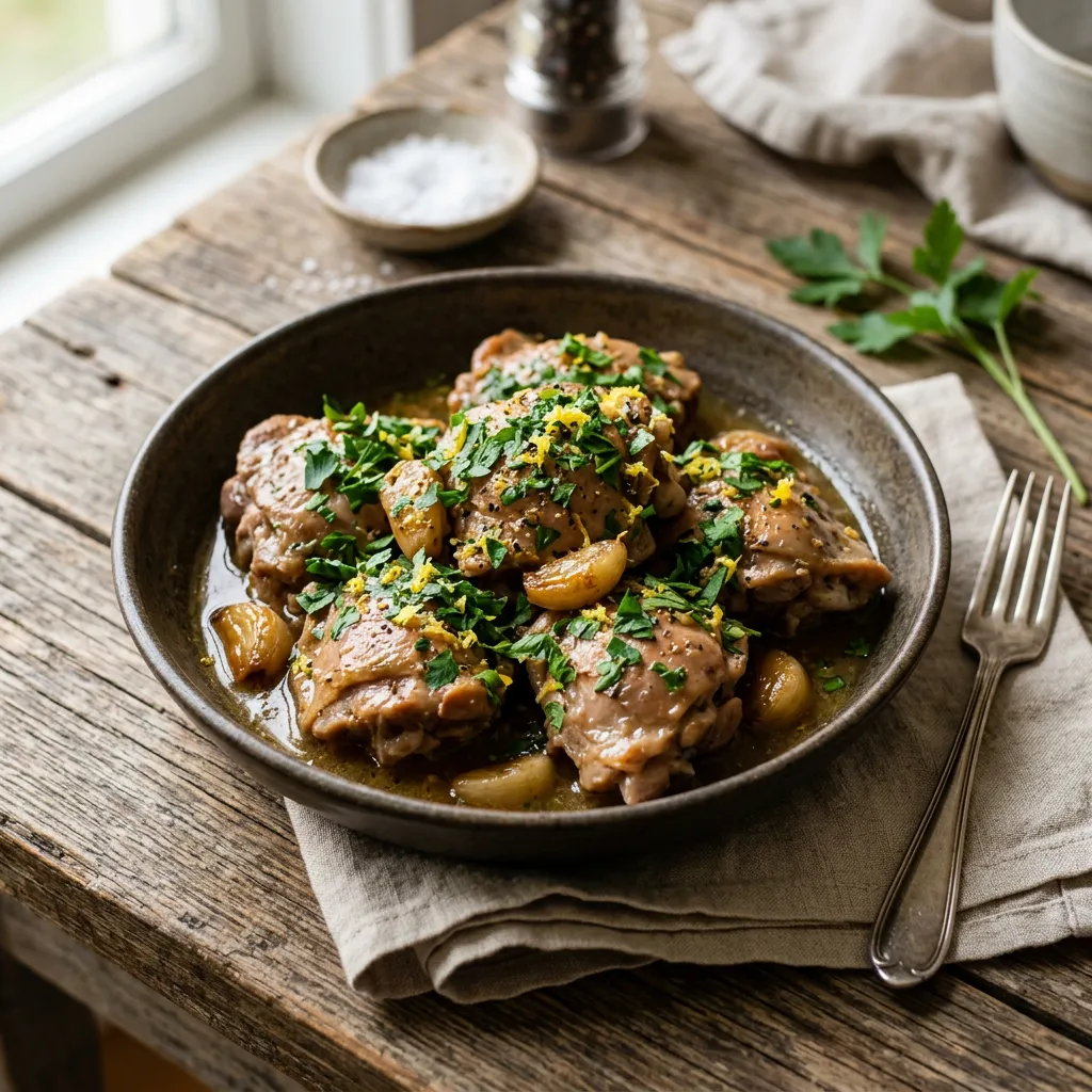 Finished Crock Pot Turkey Thighs With White Wine and Garlic dish
