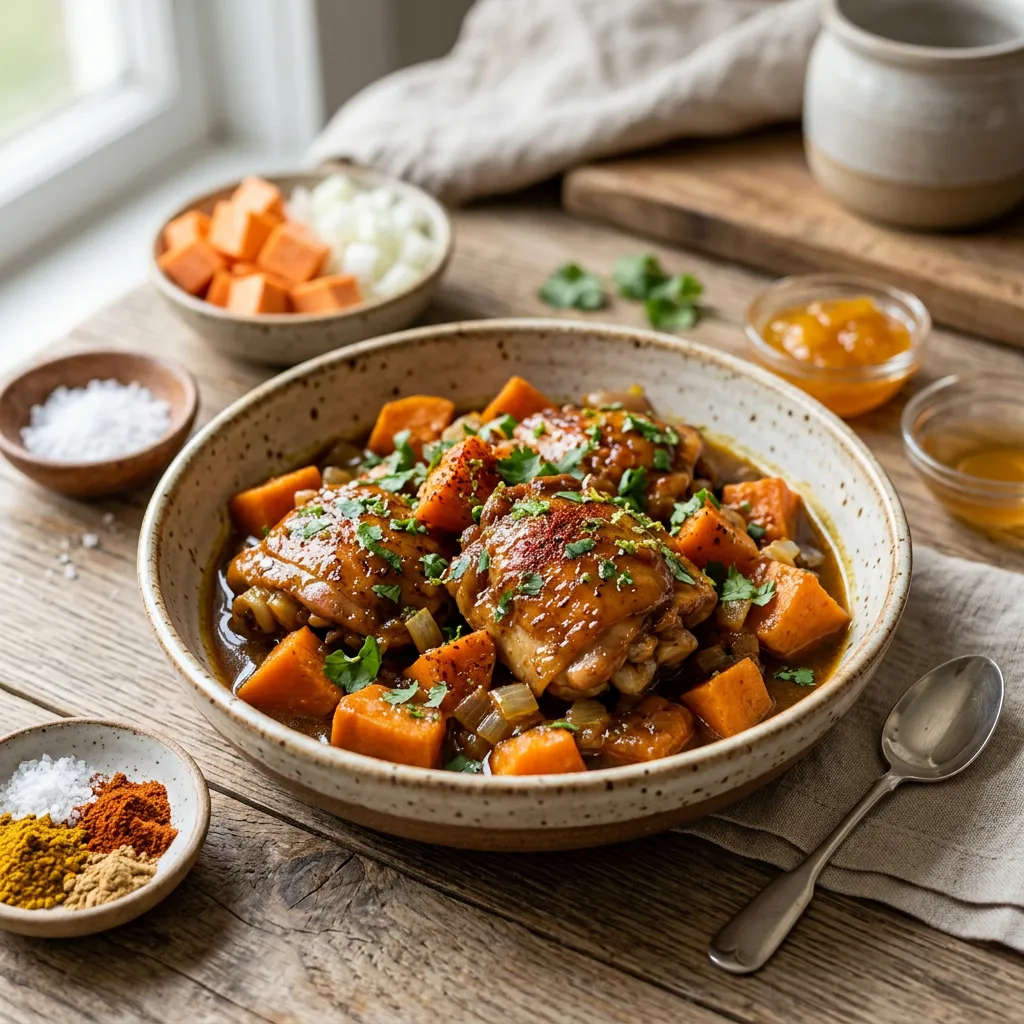 Finished Crockpot Chicken and Sweet Potatoes dish
