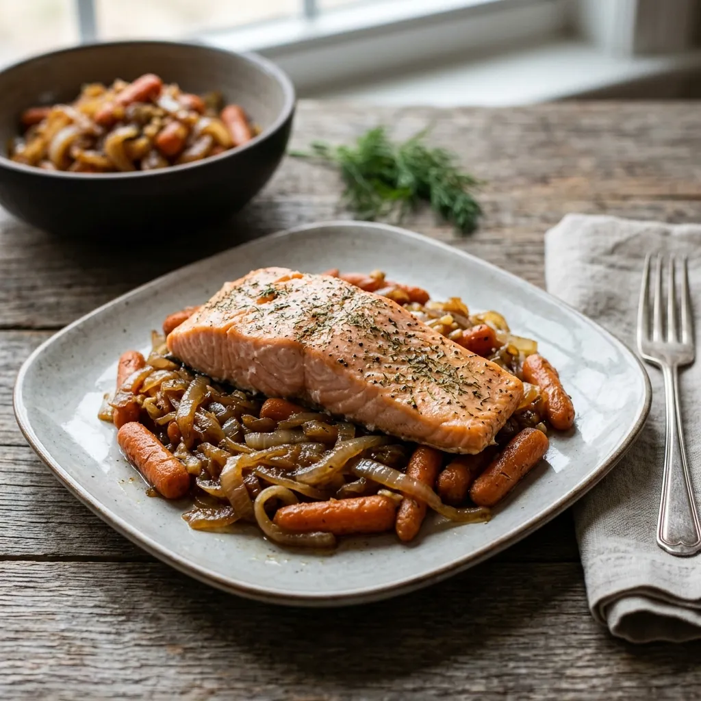 Crockpot Salmon with Caramelized Onions and Carrots