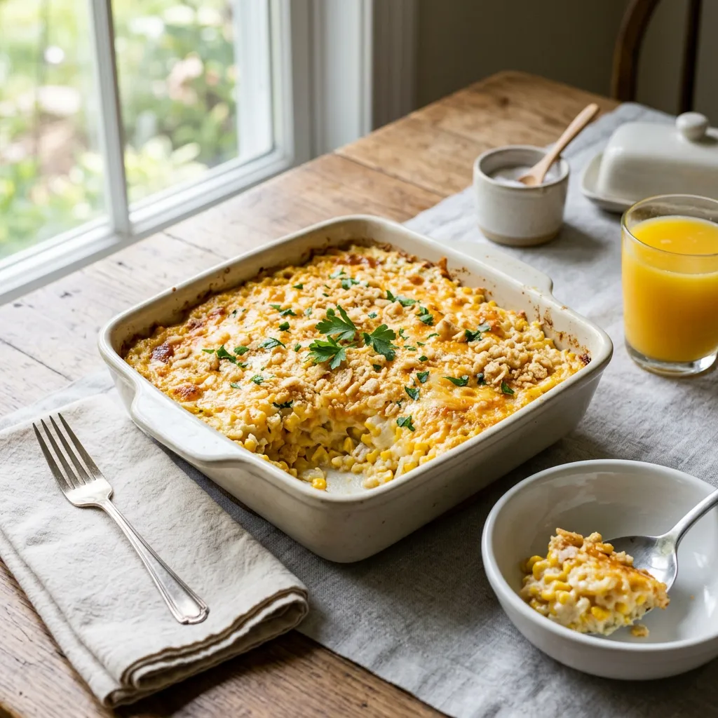 Finished Crockpot Scalloped Corn Casserole dish