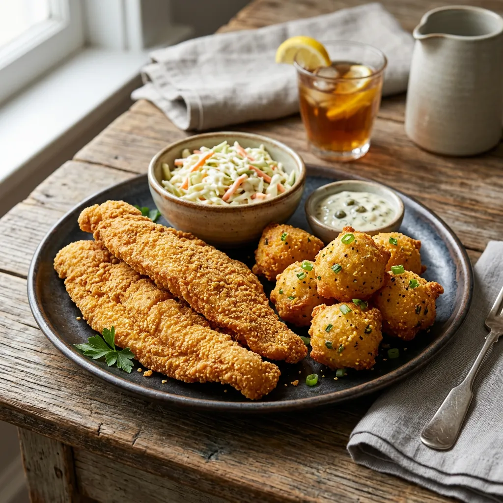 Finished Deep-Fried Catfish Fillets With Hush Puppies Recipe dish