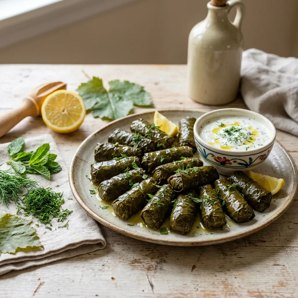 Dolmathakia me Kima: Stuffed Grape Leaves With Meat and Rice