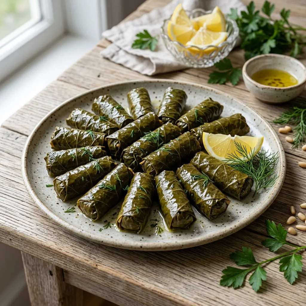 Dolmathakia (Stuffed Grape Leaves With Rice and Herbs)