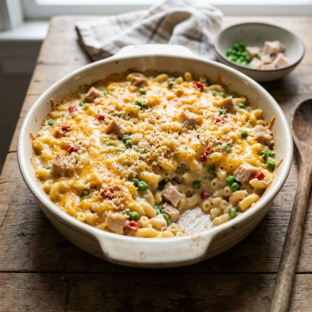 Finished Easy Chicken and Macaroni Casserole dish