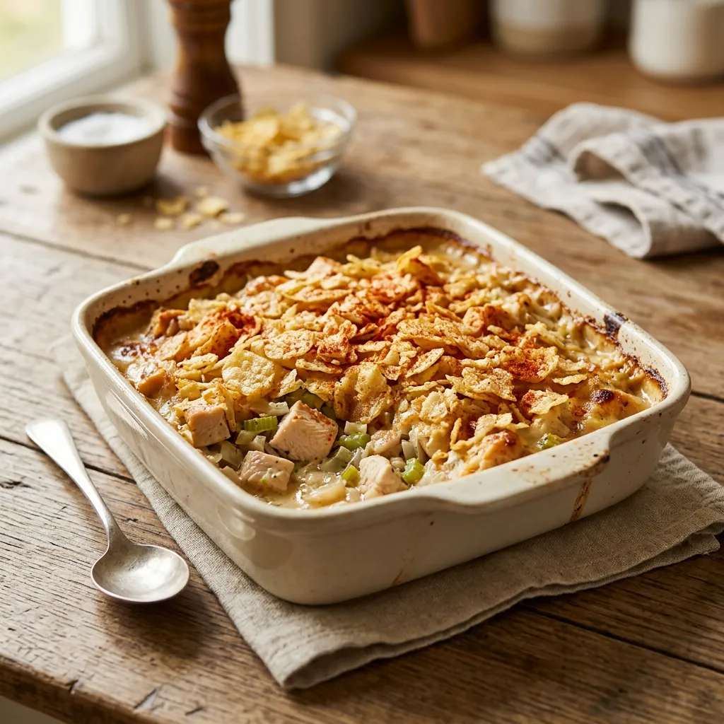 Finished Easy Chicken Casserole With Potato Chip Topping dish