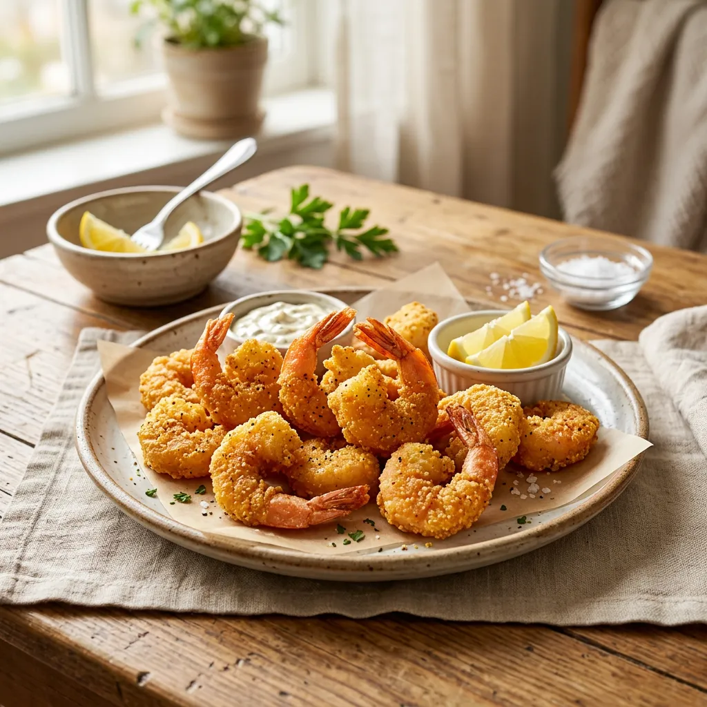 Finished Easy Cornmeal Fried Shrimp dish