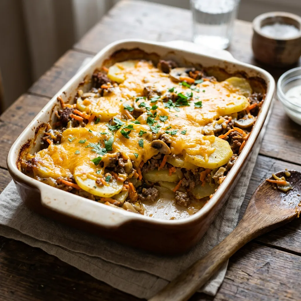 Finished Easy Ground Beef Casserole With Potatoes dish