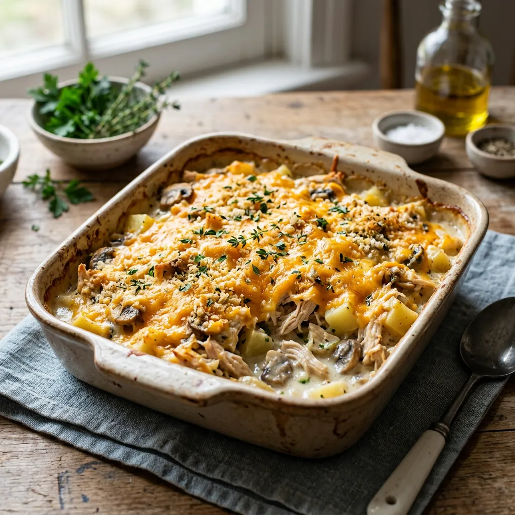 Finished Easy Leftover Chicken and Potato Casserole dish