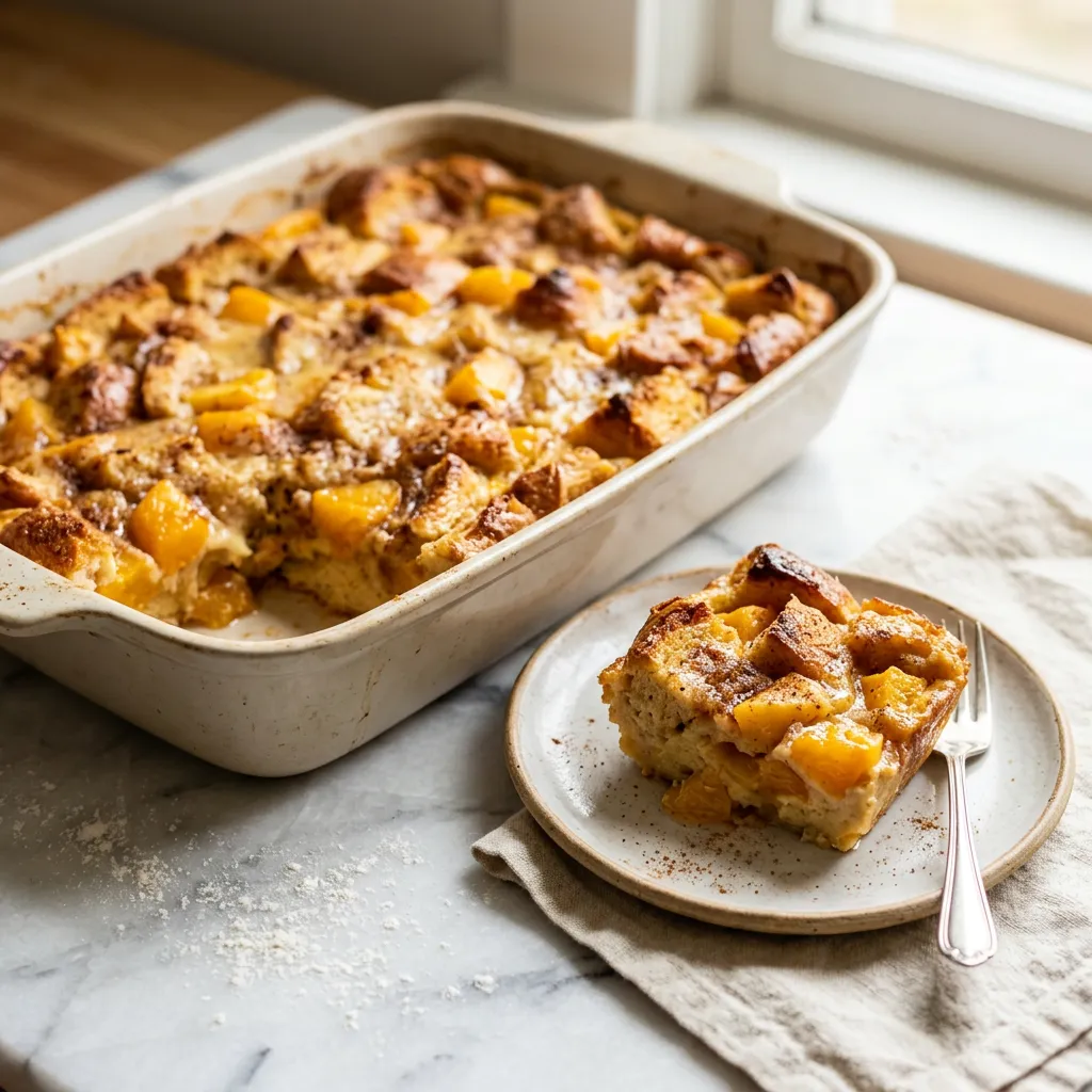 Finished Easy Peach Bread Pudding dish