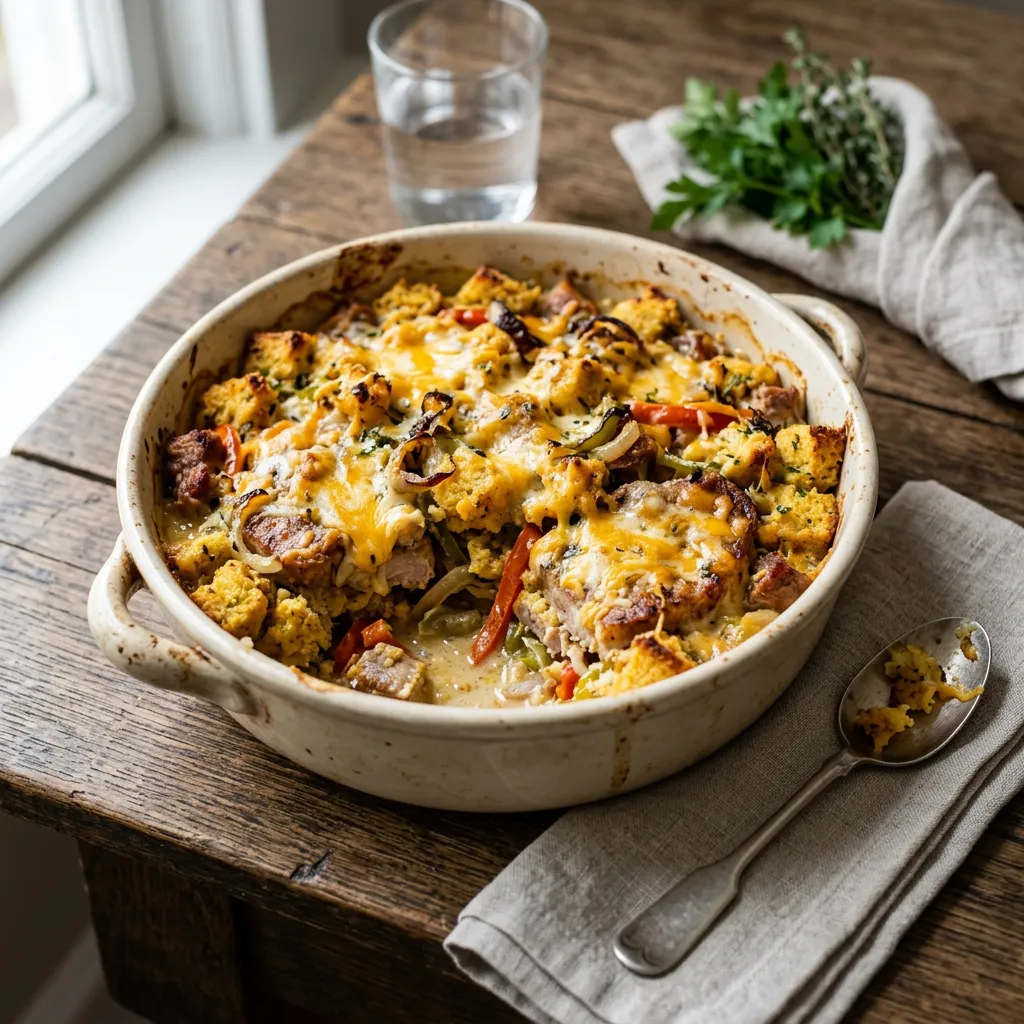 Finished Easy Pork Chop and Stuffing Casserole dish