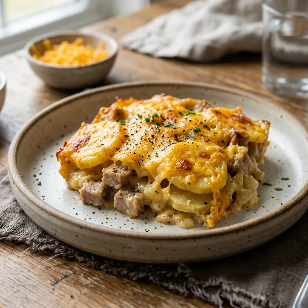 Finished Easy Pork Chop Casserole With Cheese and Potatoes dish