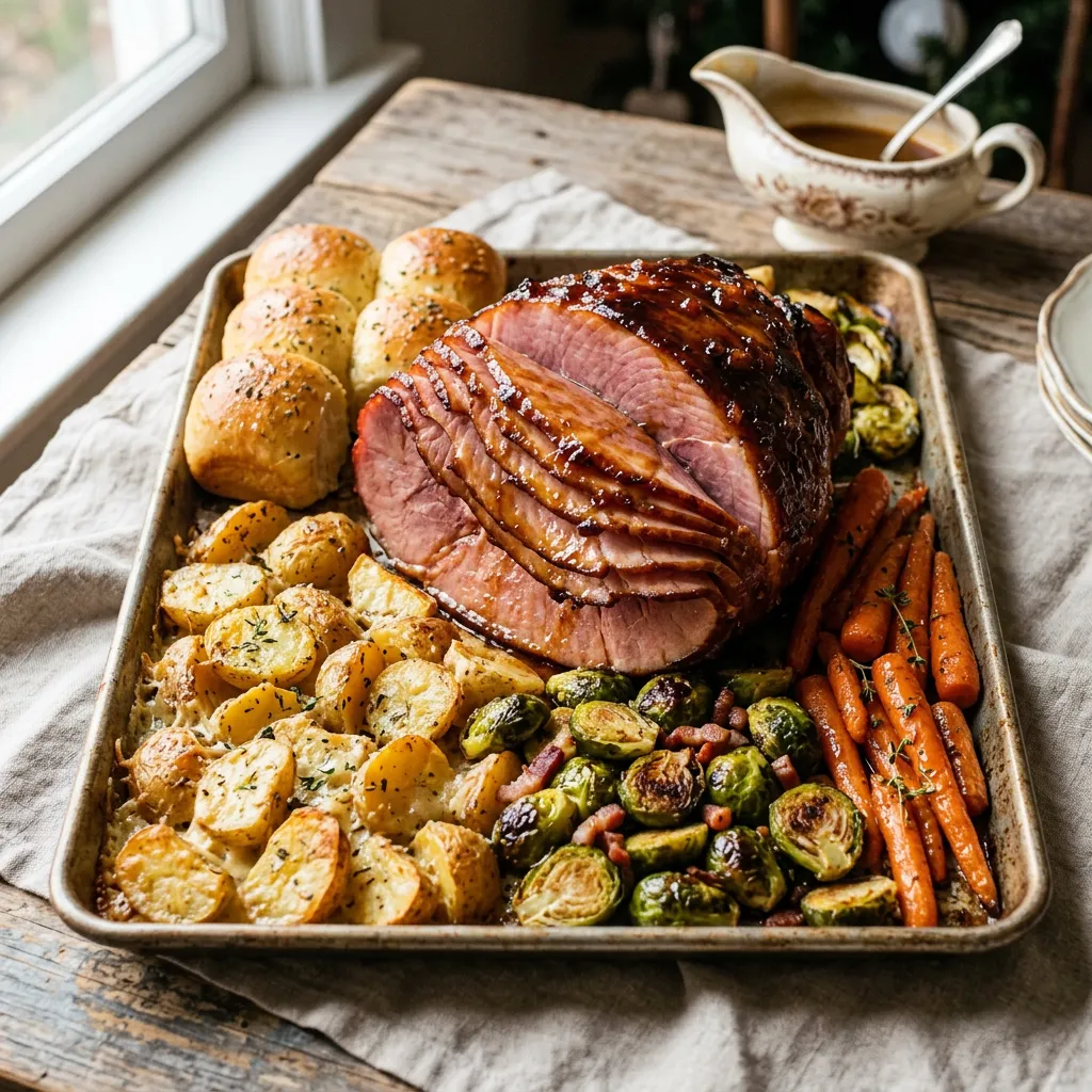 Finished Easy Sheet Pan Christmas Dinner dish