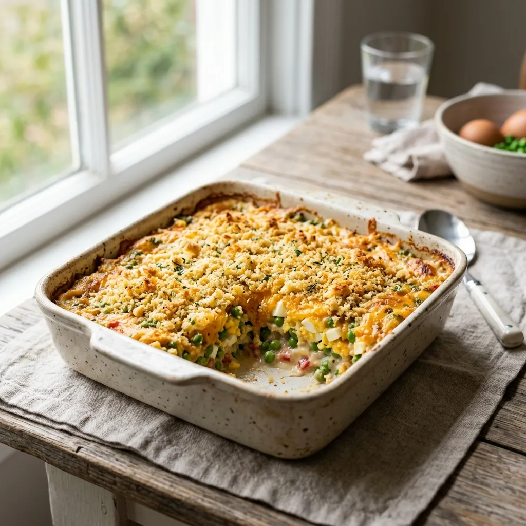 English Pea Casserole With Cornbread Crumb Topping
