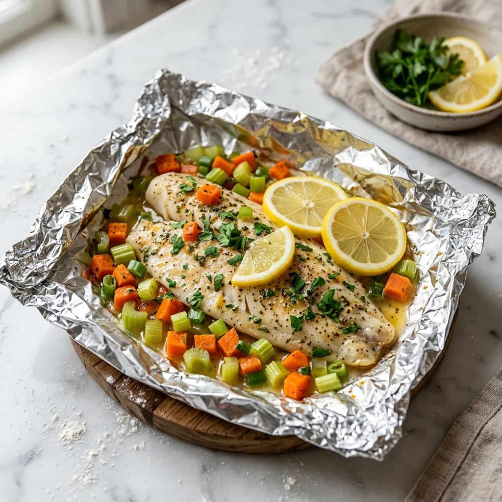 Finished Foil-Baked Lemon Catfish dish