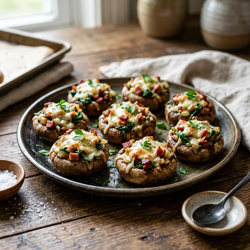 Fontina, Spinach, and Bacon Stuffed Mushrooms