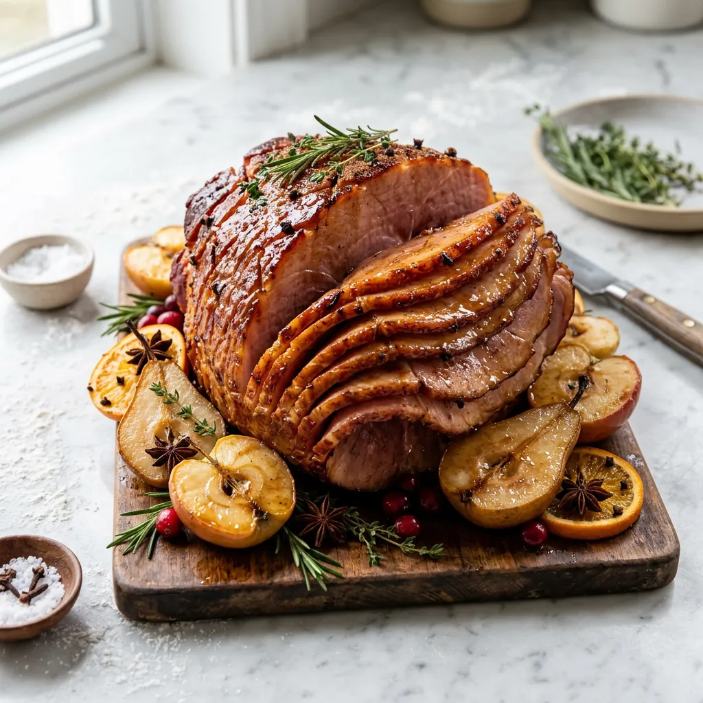 French Baked Ham With Spiced Apples and Pears Recipe