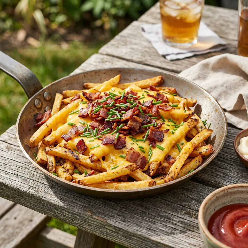 French Fries on the Grill With Cheese and Bacon