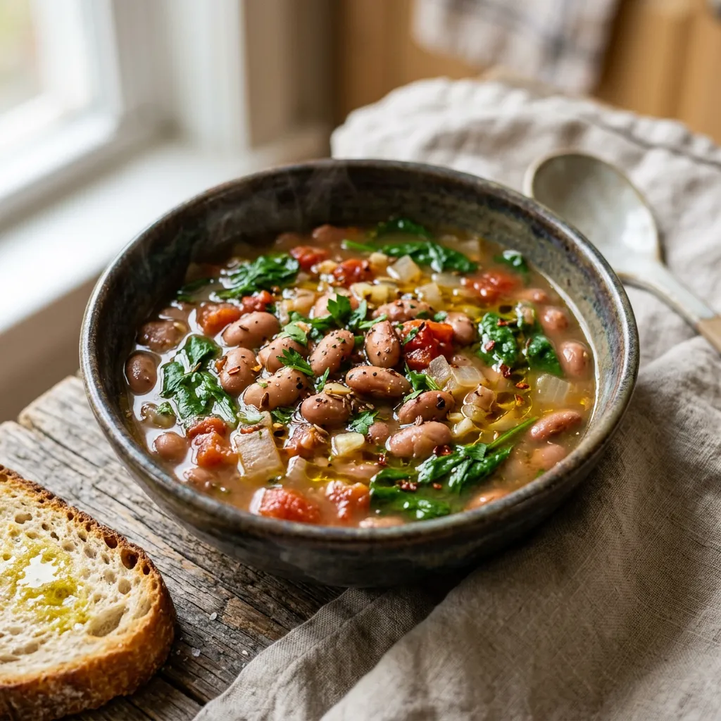 Fresh Borlotti Bean, Tomato, and Spinach Soup