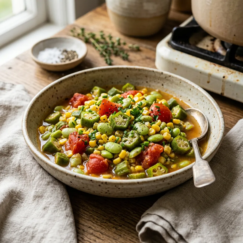 Fresh Succotash With Okra, Tomatoes, Lima Beans, and Corn