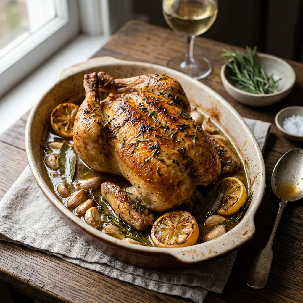 Garlic Roast Chicken With White Wine Sauce
