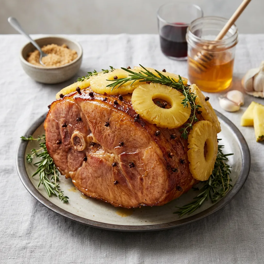 Finished Glazed Baked Ham With Pineapple and Honey dish